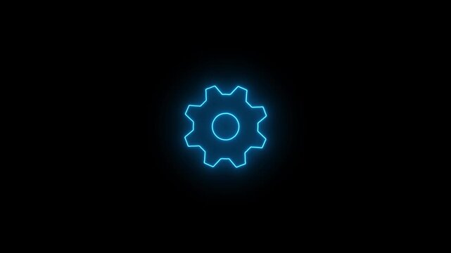 Blue neon gear icon animation on black background. 4k vedio