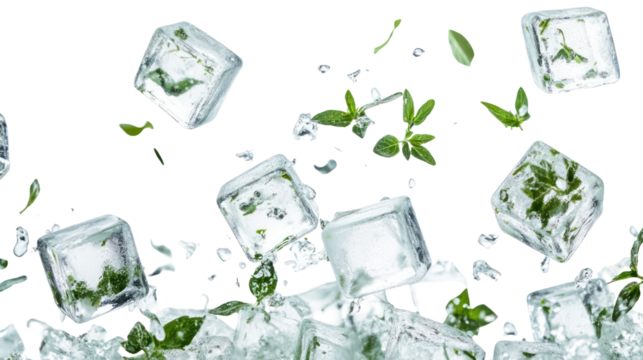 Fresh mint leaves frozen inside ice cubes isolated on transparent background - Powered by Adobe