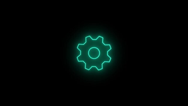 Green neon gear icon animation on black background. 4k vedio