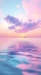 Obraz premium Tranquil Ocean Sunset Pink Clouds Reflect on Calm Water with Distant Island Silhouette