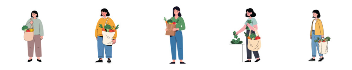 Minimal Flat Design Woman Shopping Vegetables with Eco Tote Bag – Sustainable Lifestyle Illustration