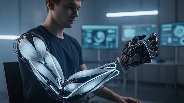 man with advanced bionic prosthetic arm