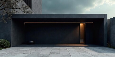 Sleek Black Modern Shelter Minimalist Architectural Design, Safe Haven Exterior, Strong Geometric Shadows