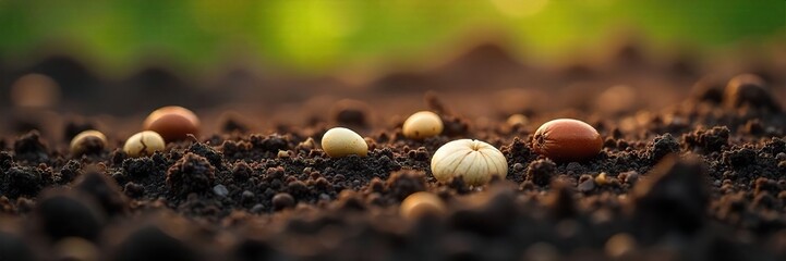 Sunlit Seeds Ready for Planting Close-Up of Diverse Seeds Nestled in Dark, Fertile Soil, Promising Abundant Growth and a Thriving Horticultural Environment.