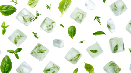 Fresh green herbs frozen in ice cubes isolated on transparent background