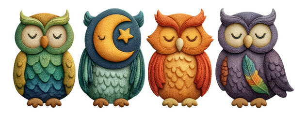 Colorful Cartoon Owls Set with Unique Themes and Patterns on Transparent Background