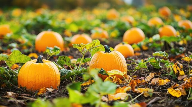 A field of pumpkins with green leaves and yellow leaves on the ground. - Powered by Adobe