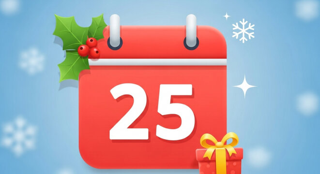 Festive christmas calendar icon with holly, gift box, and snowflakes marking december 25th, symbolizing the holiday season and anticipation of christmas day