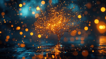 Obraz premium A 'tree' made of suspended, glowing liquid metal droplets, frozen mid-air, dark industrial background, high contrast