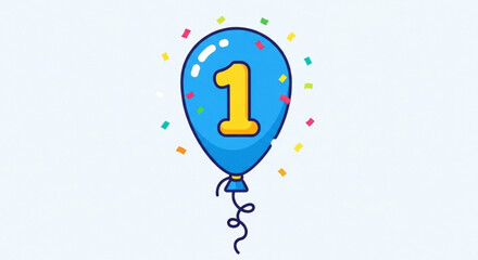 A blue balloon with the number one on it surrounded by confetti, perfect for a first birthday celebration or milestone achievement