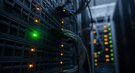 Naklejka premium Server room with green and orange lights on data center equipment