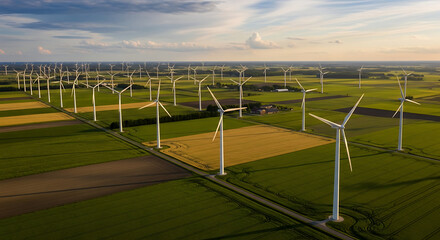 Obraz premium Aerial view of wind turbines in a field at sunset generating renewable energy for a sustainable future