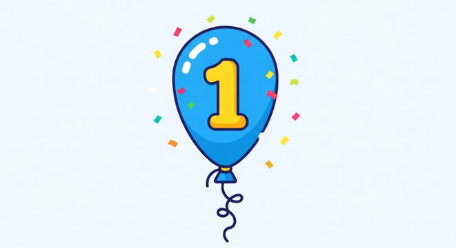 A blue balloon with the number one on it surrounded by confetti, perfect for a first birthday celebration or milestone achievement