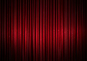 Dramatic red velvet stage curtains illuminated by spotlight