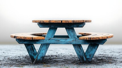 Weathered Wooden Round Picnic Table with Blue Legs in Fog, Outdoors, Rustic Style