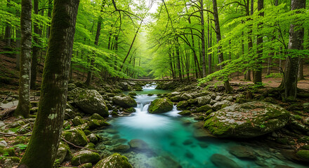 Obraz premium A vibrant forest scene featuring a clear stream flowing over mossy rocks and lush green trees overhead