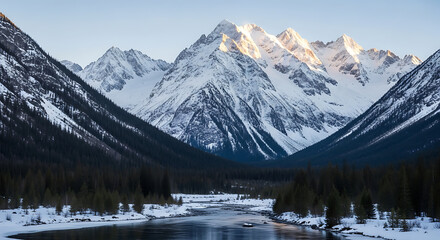A scenic view of snow covered mountains with a river flowing through a valley and dark green trees