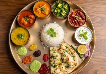 Traditional Indian thali meal with colorful curries, rice, naan bread, and multiple side dishes served on round metal plate with condiments