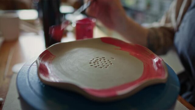 Close-up view of hand of female potter using paintbrush to apply red glaze to edge of handmade ceramic plate with carved pattern placed on turntable in workshop