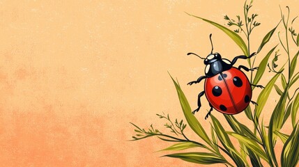 Pixel Art Ladybug on Green Grass Against Peach Background