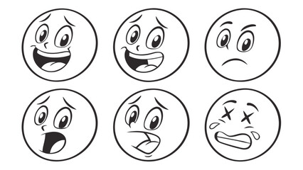 Six cartoon faces in black and white show excited, nervous, sad, shocked, silly, and overwhelmed expressions useful for emotion recognition or design.