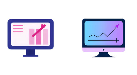 Two computer screens displaying upward trending graphs on a white background, representing business growth and data analysis