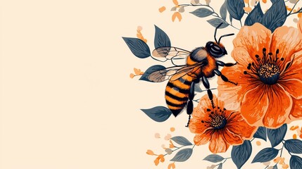 Pixel Art of Bee on Orange Flowers with Detailed Centers Against Creamy Background