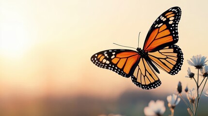 Pixel Art Monarch Butterfly in Flight at Sunset