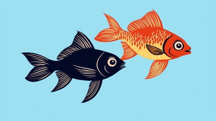 Pixel Art of Orange and Black Goldfish Swimming on a Light Blue Background