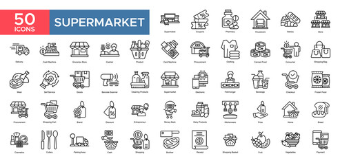 Supermarket collection set. Deliver,Skill,Product,Strategy,Consumer,Shopping Bag,Discount, icon. Simple outline vector illustration