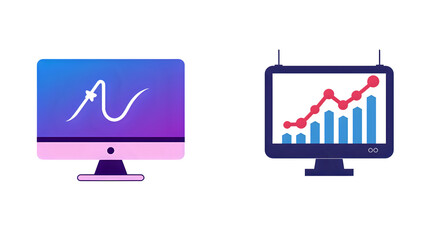 Vector illustration set of computer screens showing creative digital signature and a rising business analytics graph for data visualization