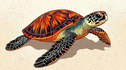 Vibrant Sea Turtle Crawling on Sandy Beach