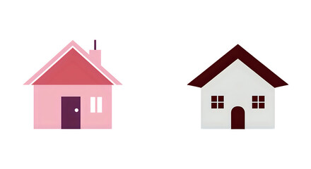 Two stylized cartoon houses, one pink and one white with dark roof, representing real estate or housing options