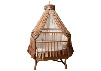 A baby bed with a Brown and white ruffle isolated on transparent or white background