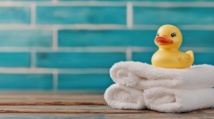 Yellow Rubber Duck on White Towels Against Teal Tiles