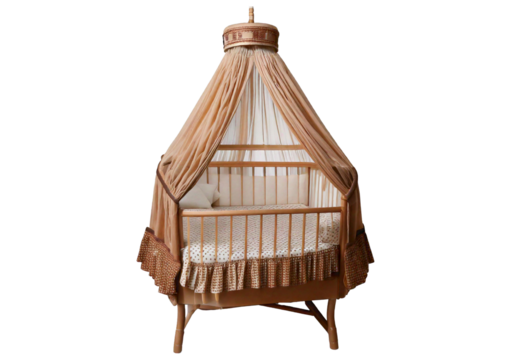A baby bed with a Brown and white ruffle isolated on transparent or white background
