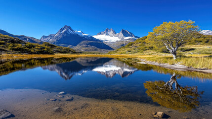 Fototapeta premium Serene lake reflects majestic mountains under clear blue sky, surrounded by lush greenery