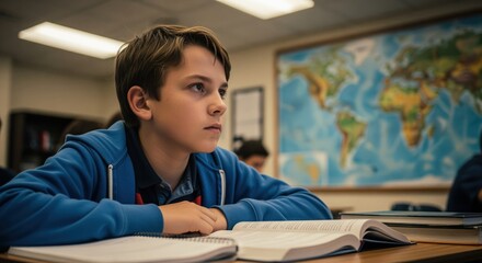Young boy in a middle school classroom attentively listening to a lesson with a world map