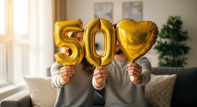 Young couple celebrating 50th anniversary at home, holding golden number balloons and a heart - Powered by Adobe