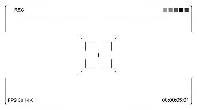 camera recording overlay with focus frame, rec indicator, timer, fps info and crosshair for film editing, streaming, filmmakers and vloggers. Alpha channel. 4K Video