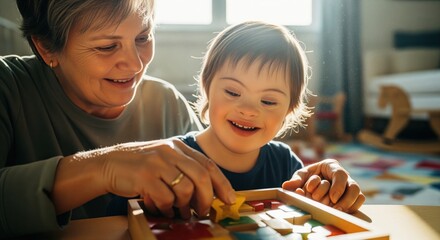 Happy grandmother and boy with down syndrome playing with a colorful wooden puzzle