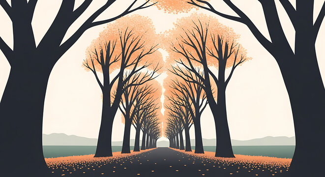 A symmetrical view of a road lined with trees in autumn, creating a serene and picturesque scene with a sense of depth and tranquility, enhanced by the warm colors of the season - Powered by Adobe