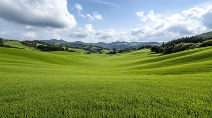 Fototapeta premium Lush green hills under bright sky with soft clouds create serene landscape