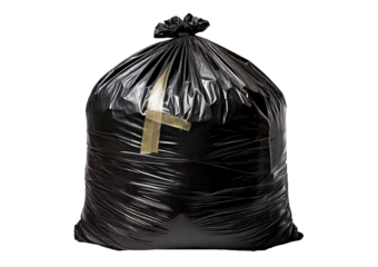 Black garbage bag put fully covered with adhesive tape isolated on transparent or white background