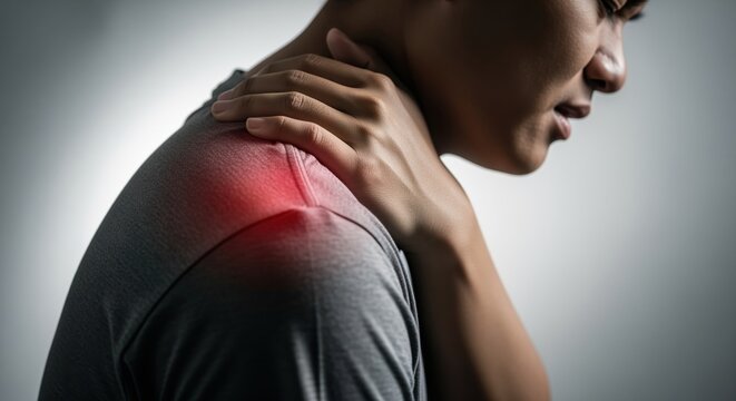 Young man experiencing intense shoulder pain, gripping his neck with hand, red area highlighting discomfort