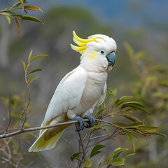 Beautiful sulphur-crested cockatoo perched on tree branch in natural forest habitat, tropical white parrot with yellow crest feathers, wildlife and exotic bird photography in nature