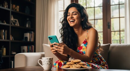 Joyful young indian woman laughing while using her smartphone on a comfortable sofa at home