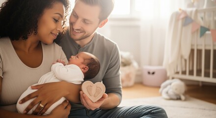 Happy multiethnic parents lovingly hold their newborn baby in a sunlit nursery