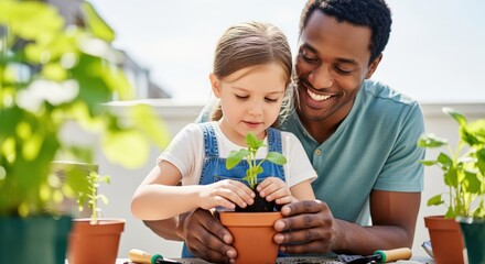 Smiling black father and daughter planting a vibrant green seedling in a pot