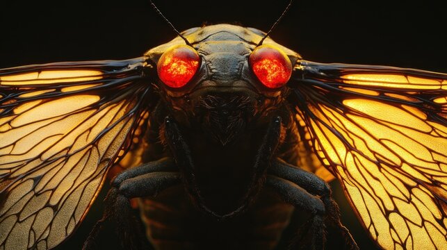 Periodical Cicada, its red eyes are glowing embers, wings like stained glass depicting its seventeen-year cycle, surreal temporal art texture, warm, cyclical glow